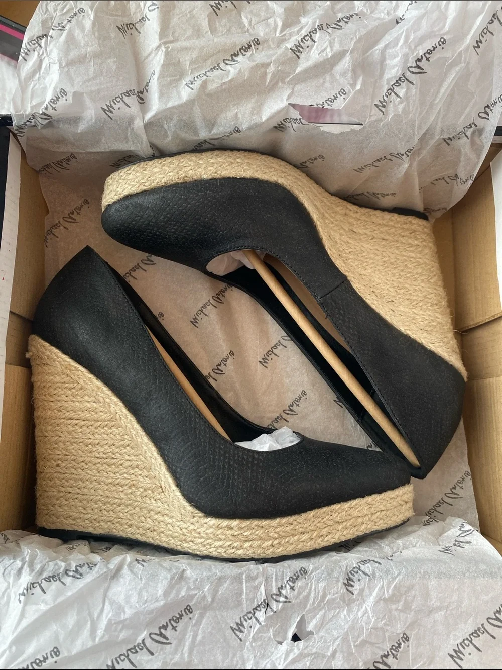 Michael Antonio Anabel-Snake Black & Natural Espadrille 4” Wedge Pumps LIKE NEW!